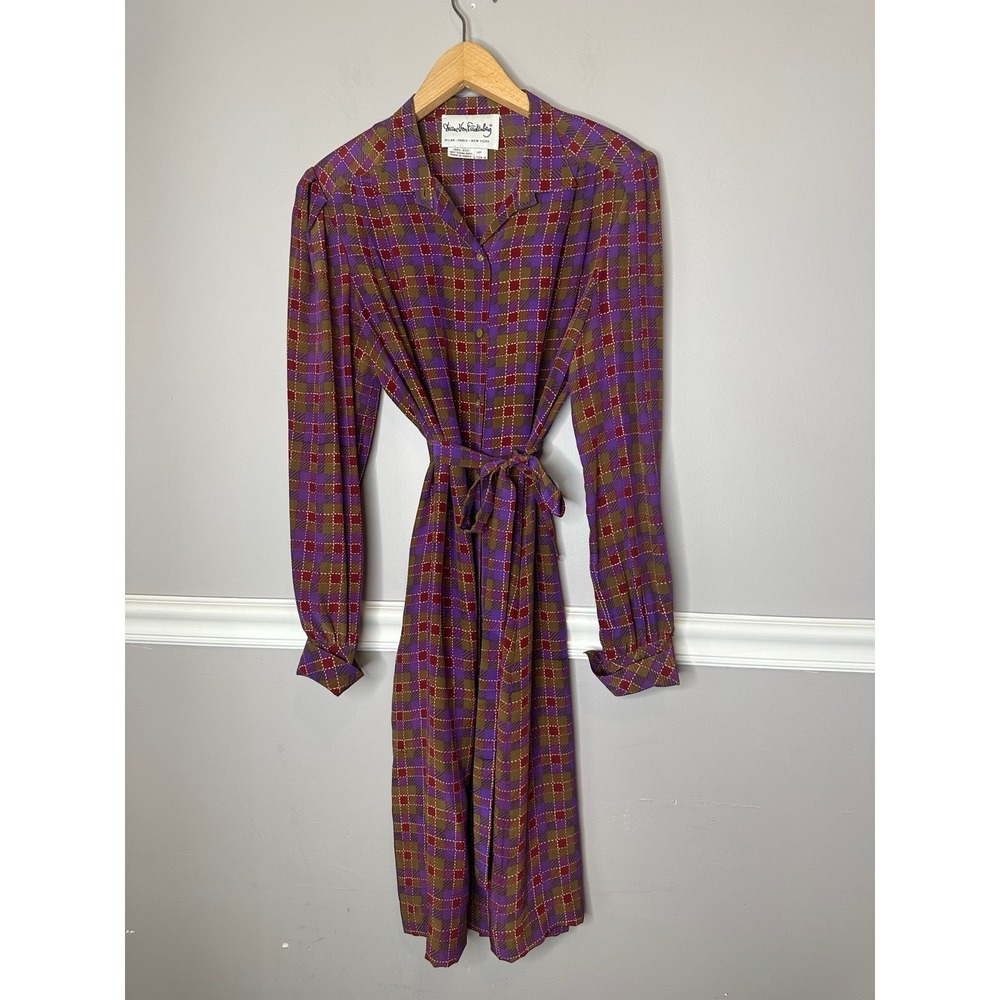 VTG 70s Diane Von Furstenberg 100% Silk Plaid Midi Shirt Dress Purple Brown